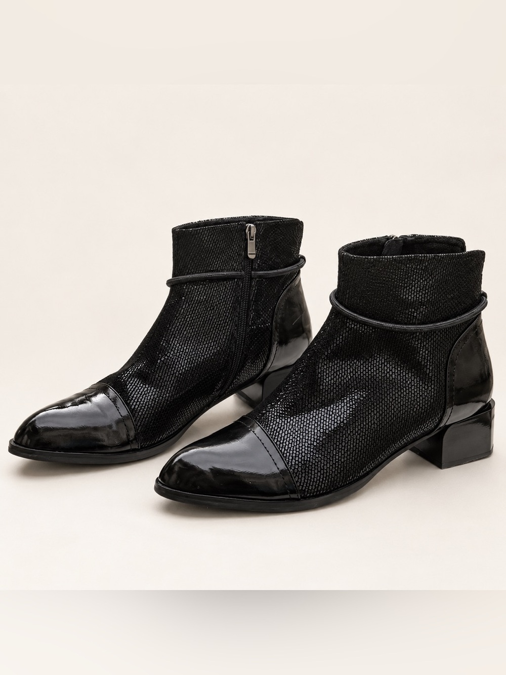 Zara Black Textured Ankle Boots with Gloss Cap Toe